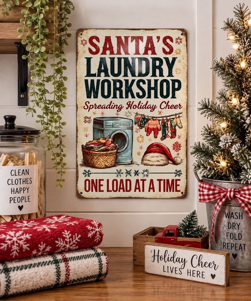 Santa’s Laundry Workshop Christmas Metal Sign 8x12 Holiday Decor New